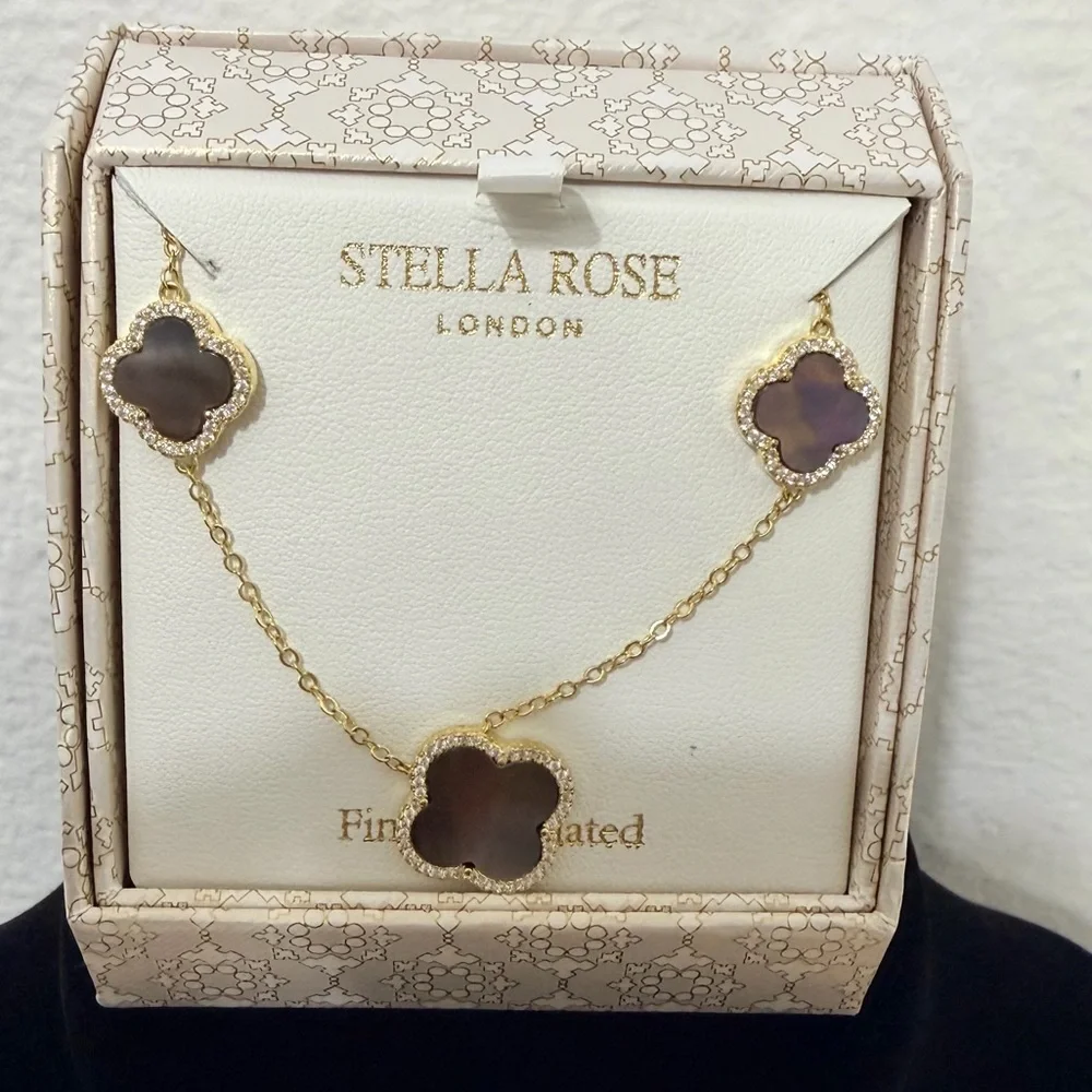 Stella Rose London Black Mother of Pearl Clover Necklace Gold Plated Crystal Pav